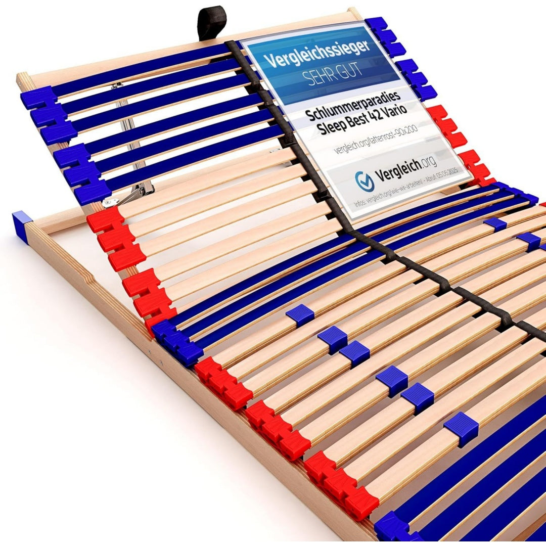 stabiler lattenrost 100 buche lattenrahmen - kopfteil verstellbar - schulterfraesung 7 zonen 42 federleisten haerte-regulierung mittelgurt - schlaf beste 42 vario unmontiert 90x200cm