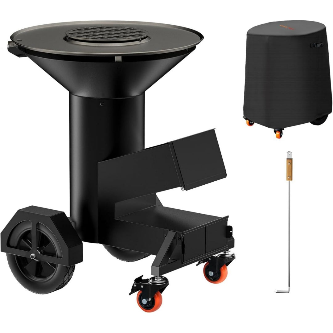grosser raketenofen mit plancha grillplatte 60cm grill feuerplattengrill feuerschale mit feuerplatte holzkohlegrill fuer terrasse garten inkl raedern ascheschieber und abdeckung schwarz