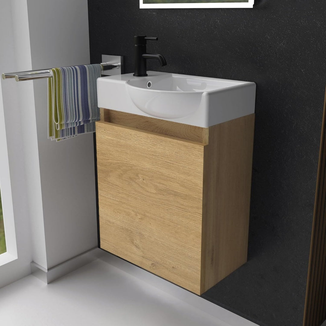 alpenberger waschbecken mit unterschrank gaeste toilette 45cm haengend eiche natur kleiner waschtisch mit unterschrank keramik mitteldichte faserplatte wandhaengend softclose tuer mit ueberlauf fuer kleine baeder rechts becken