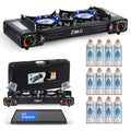 zmc premium campingkocher 2-flammig 25 kw mit piezo-zuendung transportkoffer doppelgaskocher fuer outdoor balkon indoor gaskocher set waehlbar inkl grillplatte 4524 cm und 227g gaskartuschen