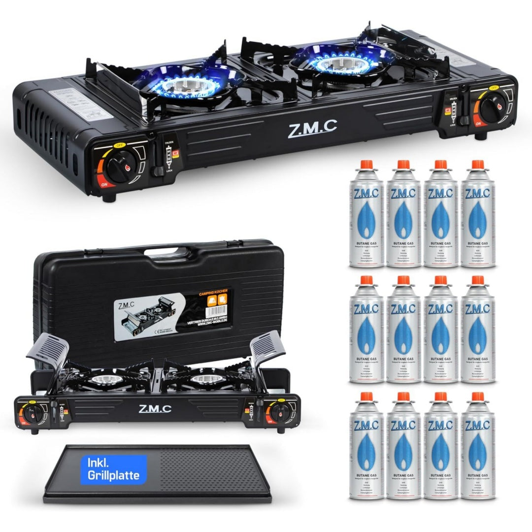 zmc premium campingkocher 2-flammig 25 kw mit piezo-zuendung transportkoffer doppelgaskocher fuer outdoor balkon indoor gaskocher set waehlbar inkl grillplatte 4524 cm und 227g gaskartuschen