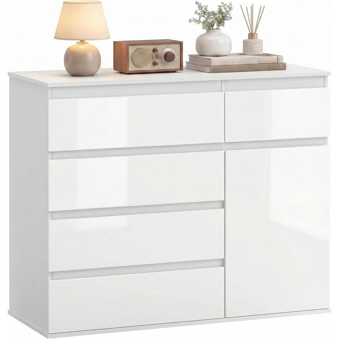 kommode mit 5 schubladen soft-close-tuer 100 x 40 x 80 cm weiss hochglanz sideboard schubladenschrank mit verstellbarem regal fuer wohnzimmer und schlafzimmer