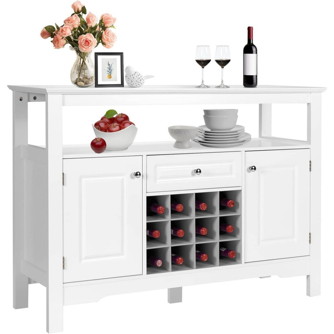 goplus sideboard mit weinregal kuechenschrank mit offenem regal 1 schublade 2 tueren beistellschrank fuer wohnzimmer kueche esszimmer 117 405 855 cm white