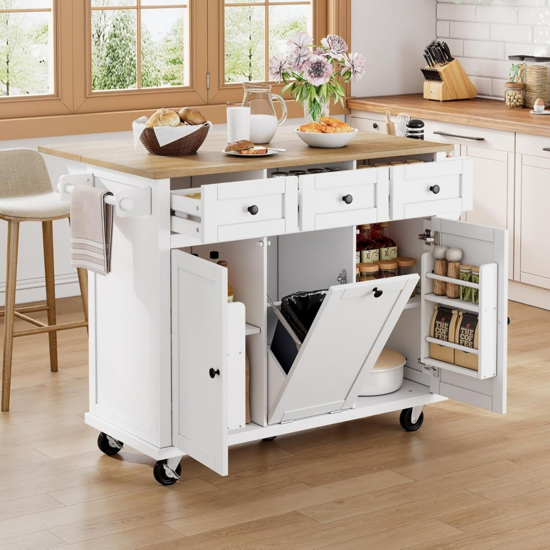 kuechenwagen mit muelltrennsystemrollender kuecheninsel mit abklappbarer arbeitsplattebuffetschrank2 schubladen und 4 tuerenfuer kueche und esszimmer 112746942 cm weiss