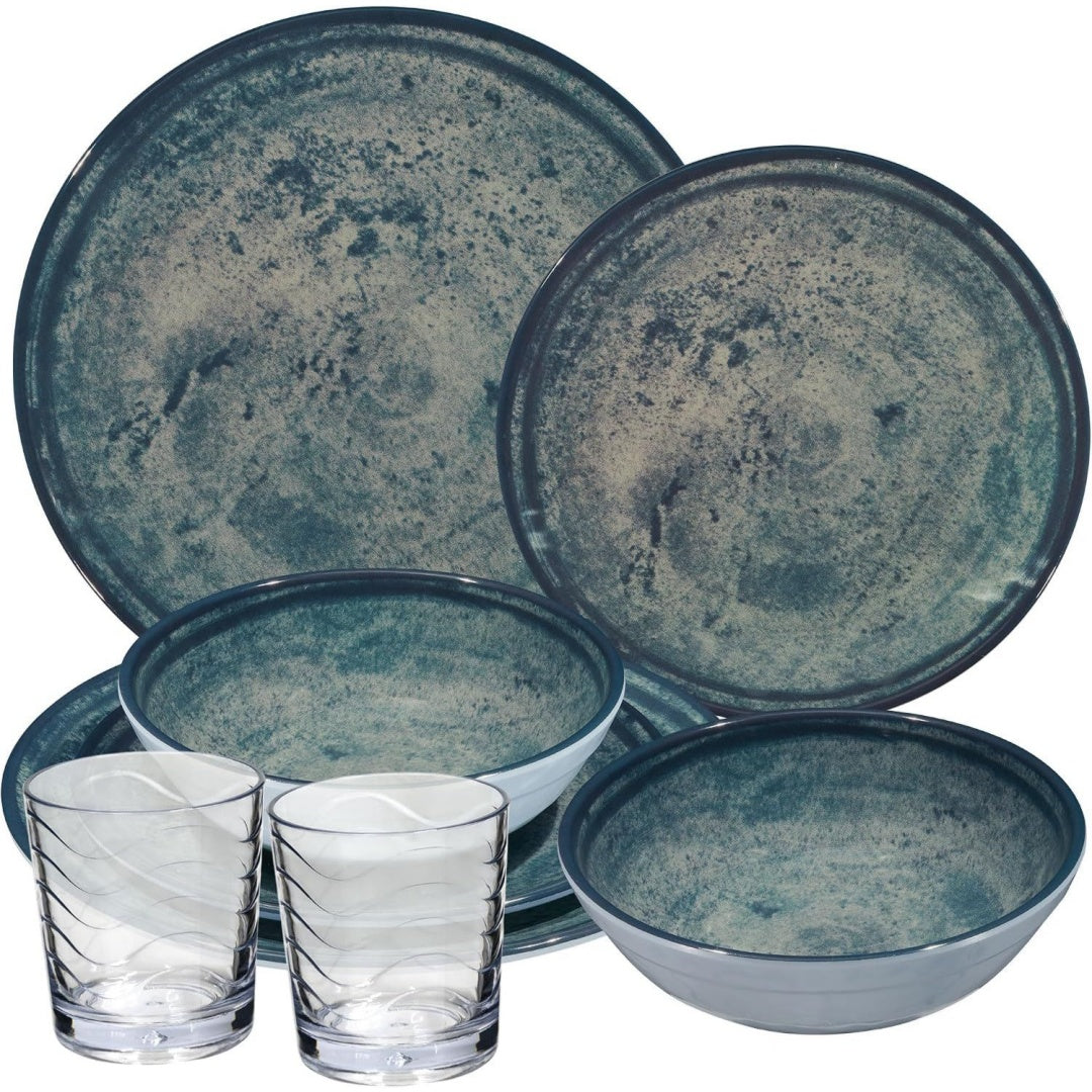melamin geschirr set mondgranit blau-grau fuer 2 personen camping picknick