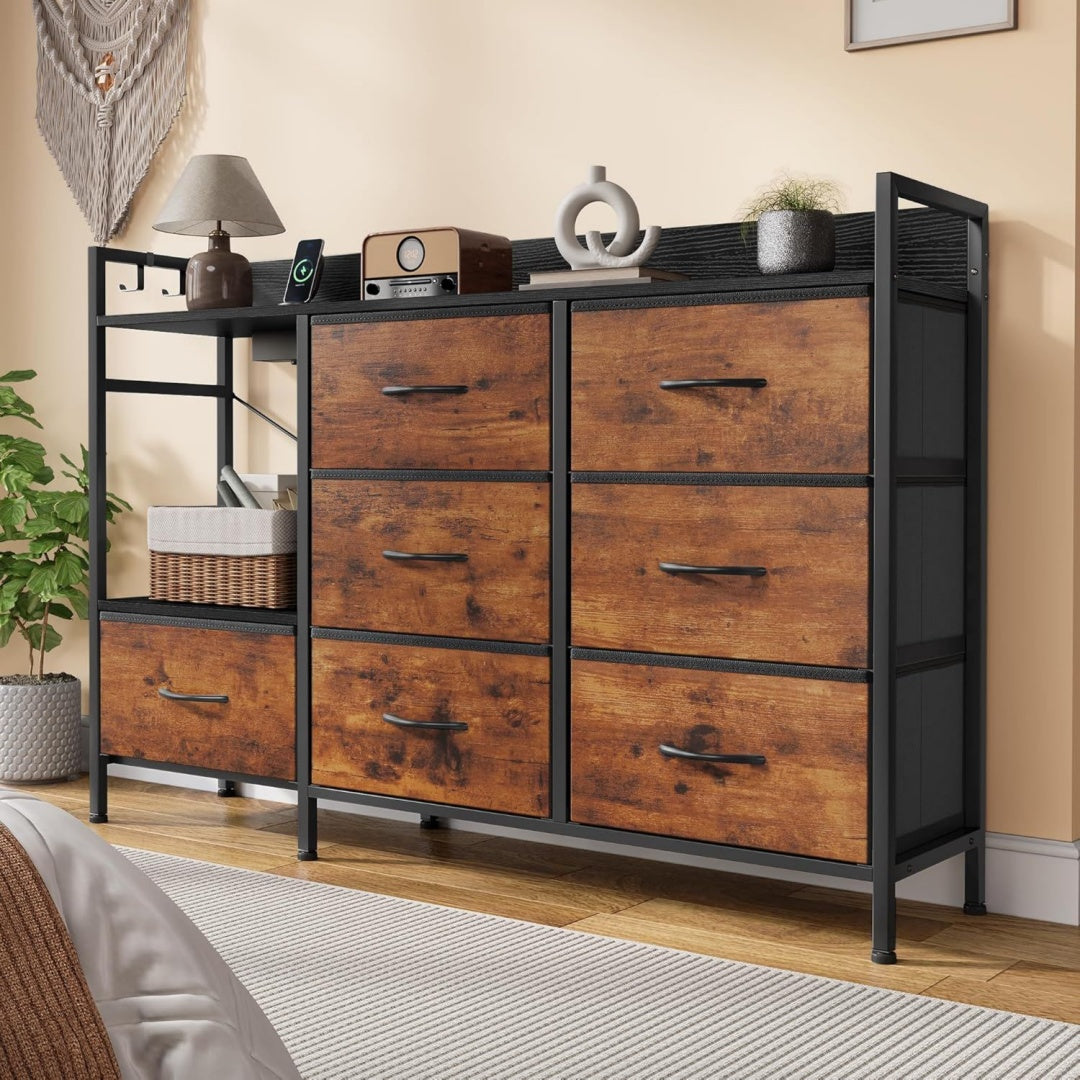 kommode schlafzimmer kommode mit 7 stoffschubladen 2 steckdosen 2 usb-anschluessen fernseher-schrank mit seitlichen haken rustikales braun