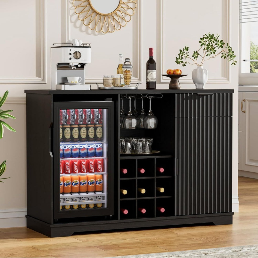 kaffeebar-schrank mit integriertem kuehlschrank geriffelter weinschrank mit weinregal glaeserhalter buffet sideboard mit spirituosenschrank schublade stauraum hausbar schwarz