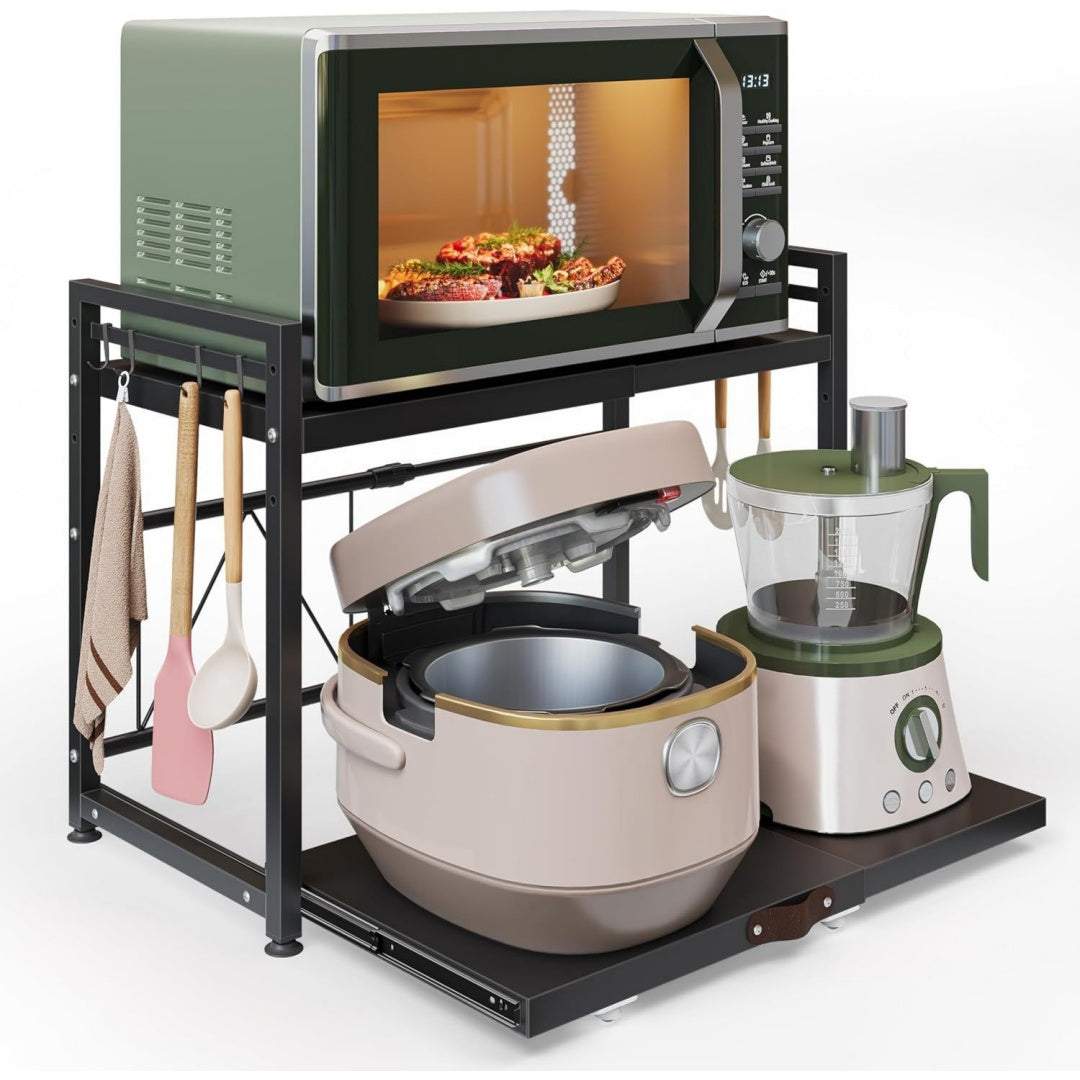 netel erweiterbares mikrowellen regal mit schublade2 stufig kuechenregal regal kuechen organizer fuer backofenkaffeemaschineaufbewahrungrobuster kohlenstoffstahl8 haken2 stufigschwarz